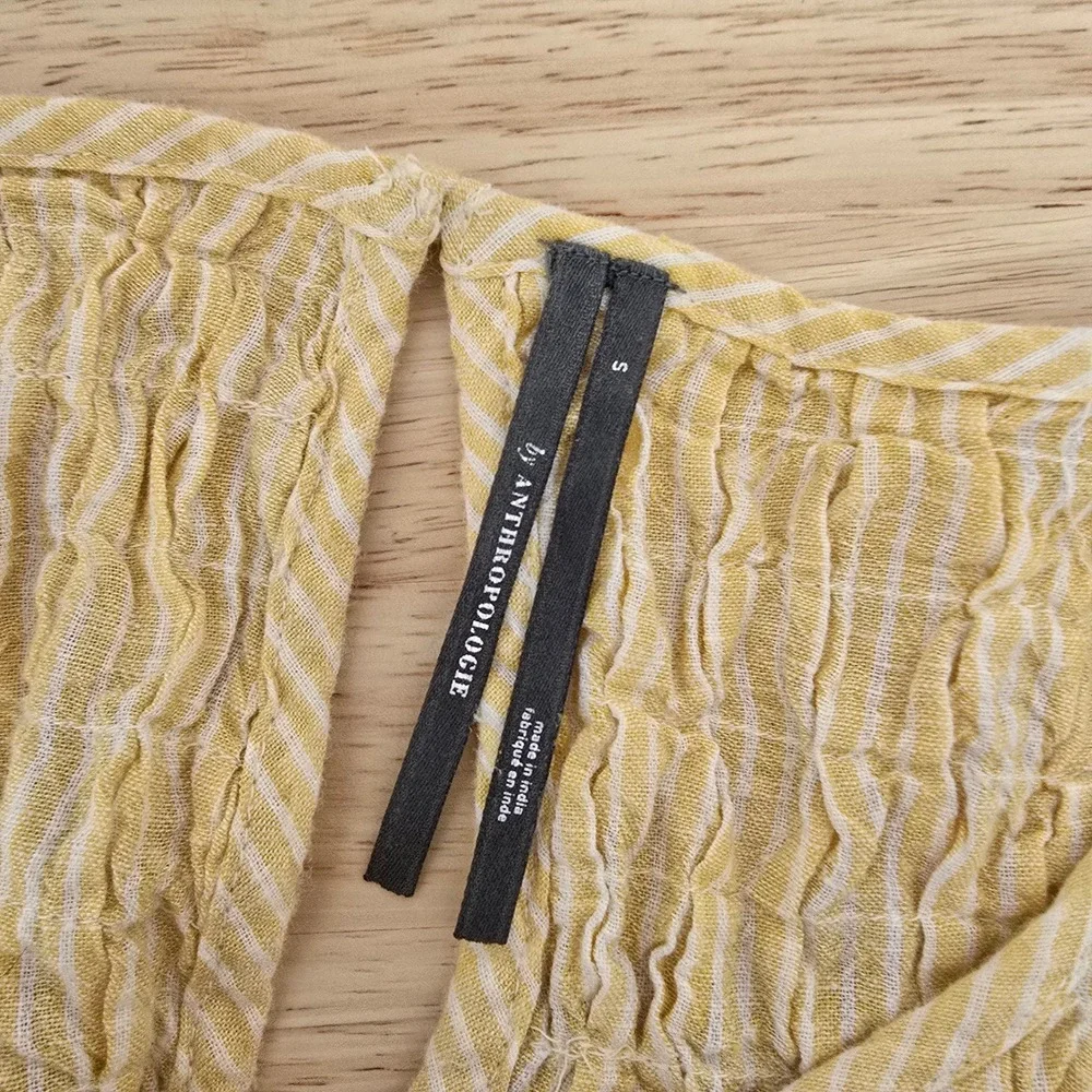 Anthropologie Yellow Pinstripe Smocked Lattice Puff‎ Sleeve Linen Blouse Small